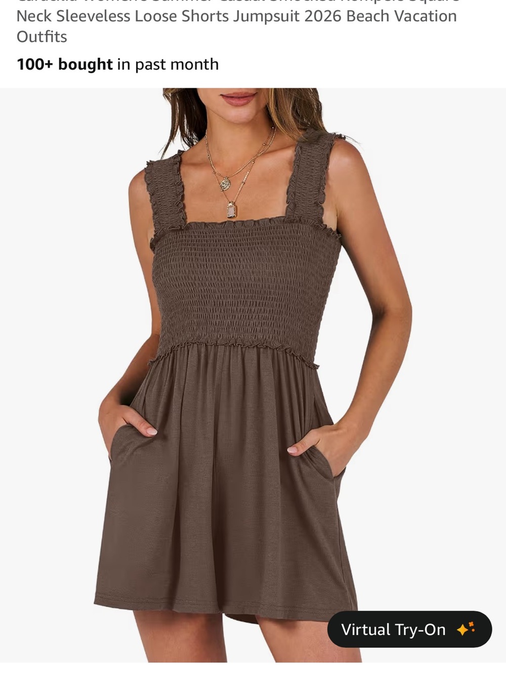 Smocked Square-Neck Romper Dress in Brown